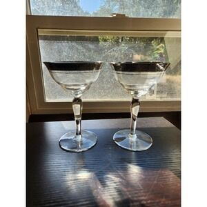 Set Of 2 Vtg Glastonbury  Rambler Rose Platinum Rim Optic Champagne Glasses Pair